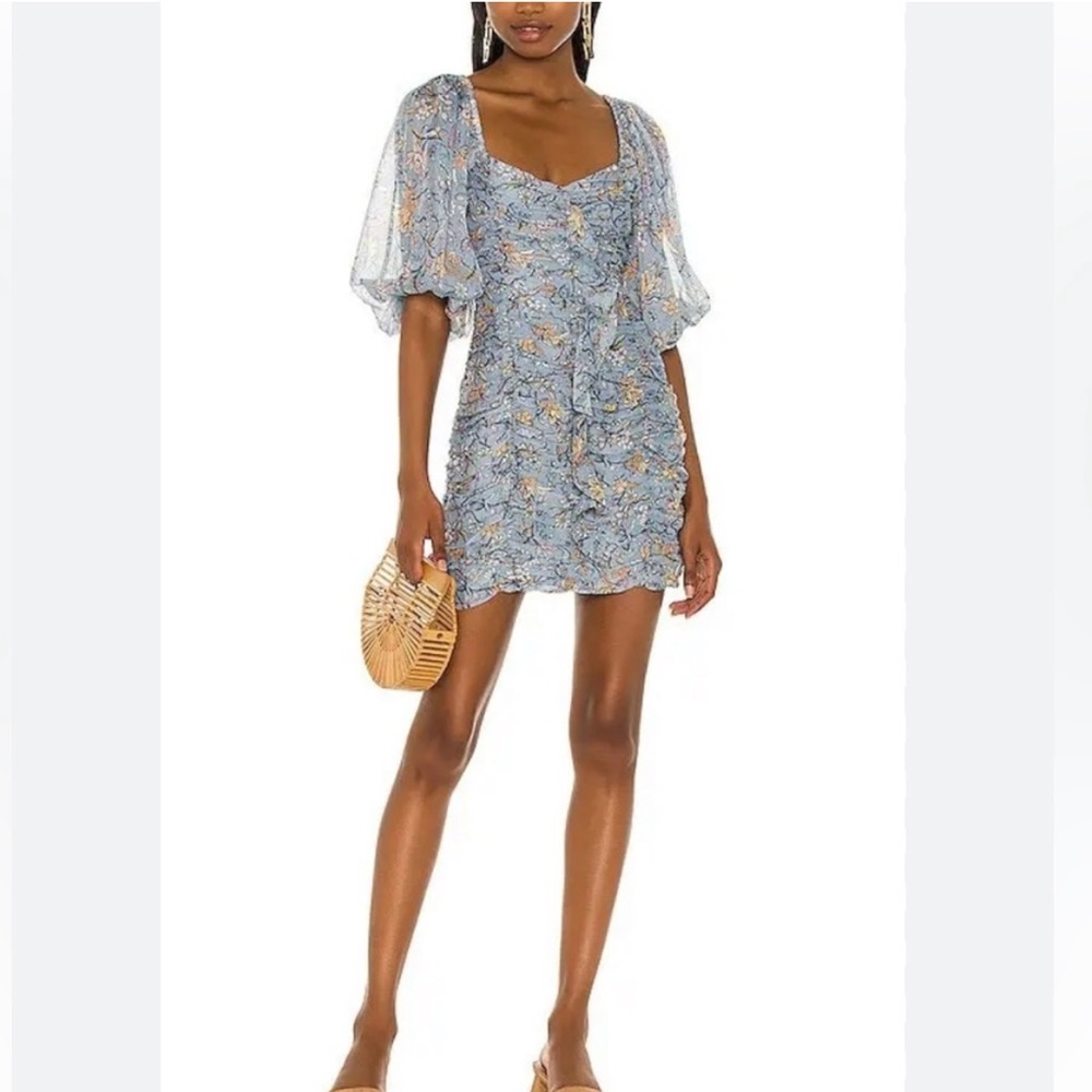 MINKPINK Dahlia Floral Ruched Mini Dress- blue size L- worn once